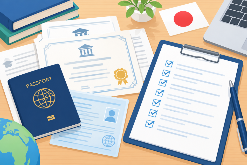 Illustration of documents needed for a master's degree application in Japan, including a passport, certificates, and a checklist