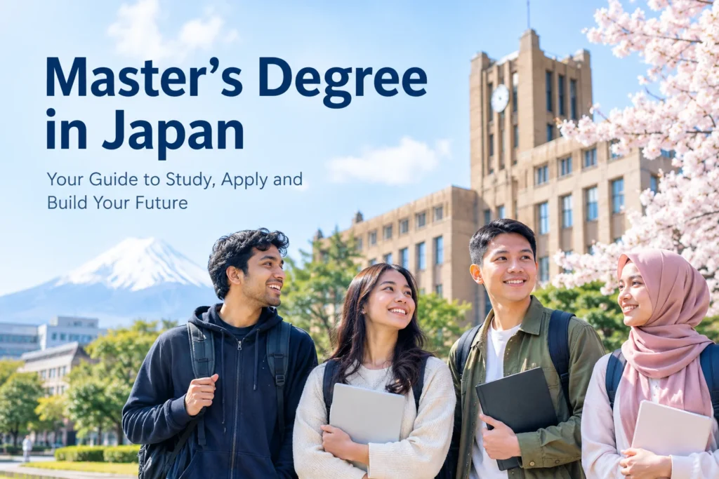 International students from Asia walking on a Japanese university campus with cherry blossoms and Mt. Fuji in the background