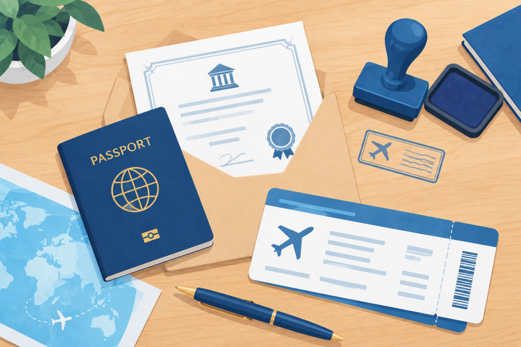 Illustration of a Certificate of Eligibility, passport, and flight ticket for a Japan student visa
